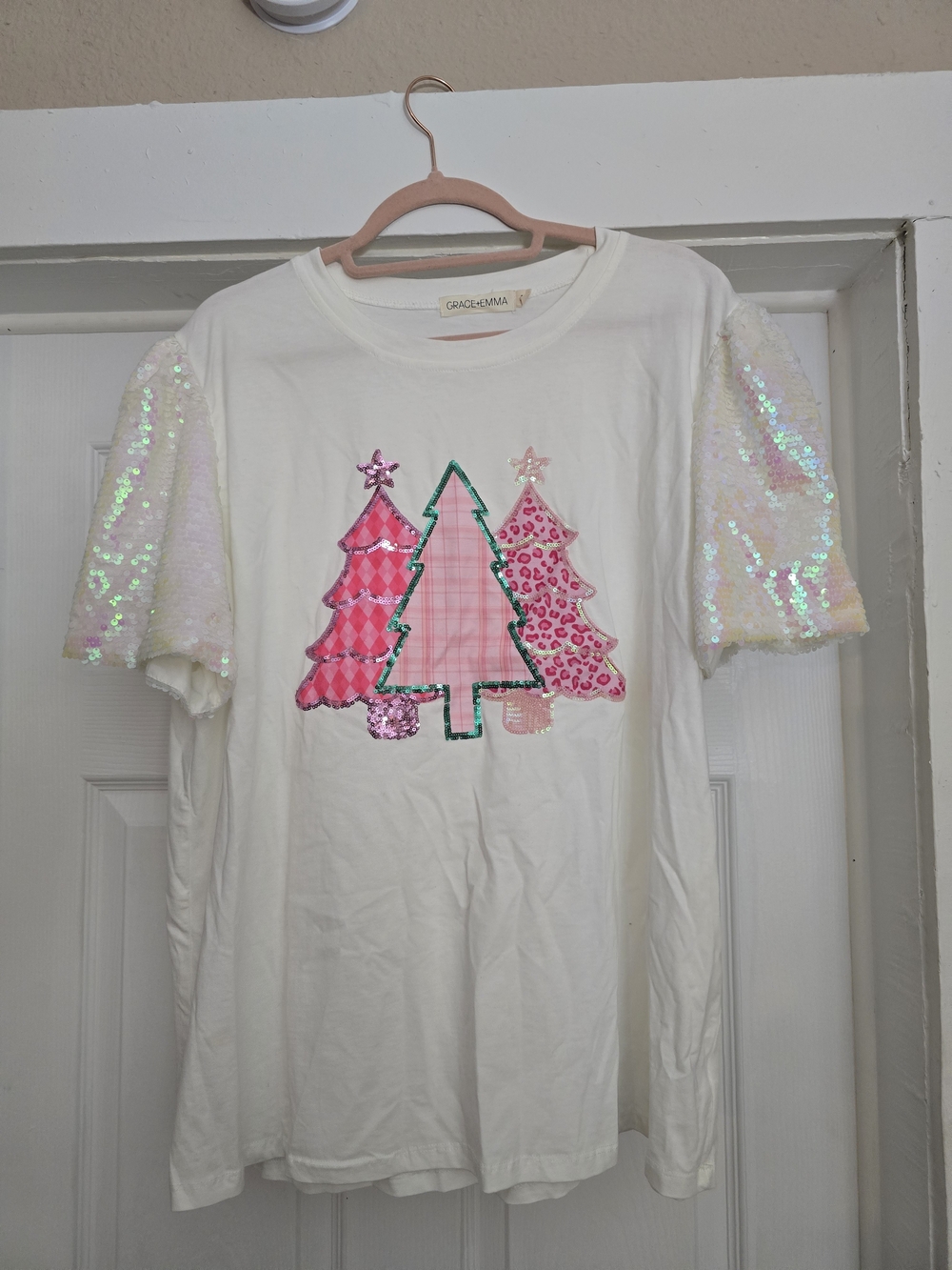 GRACE + EMMA Pink Sequin Tree Top - 2X